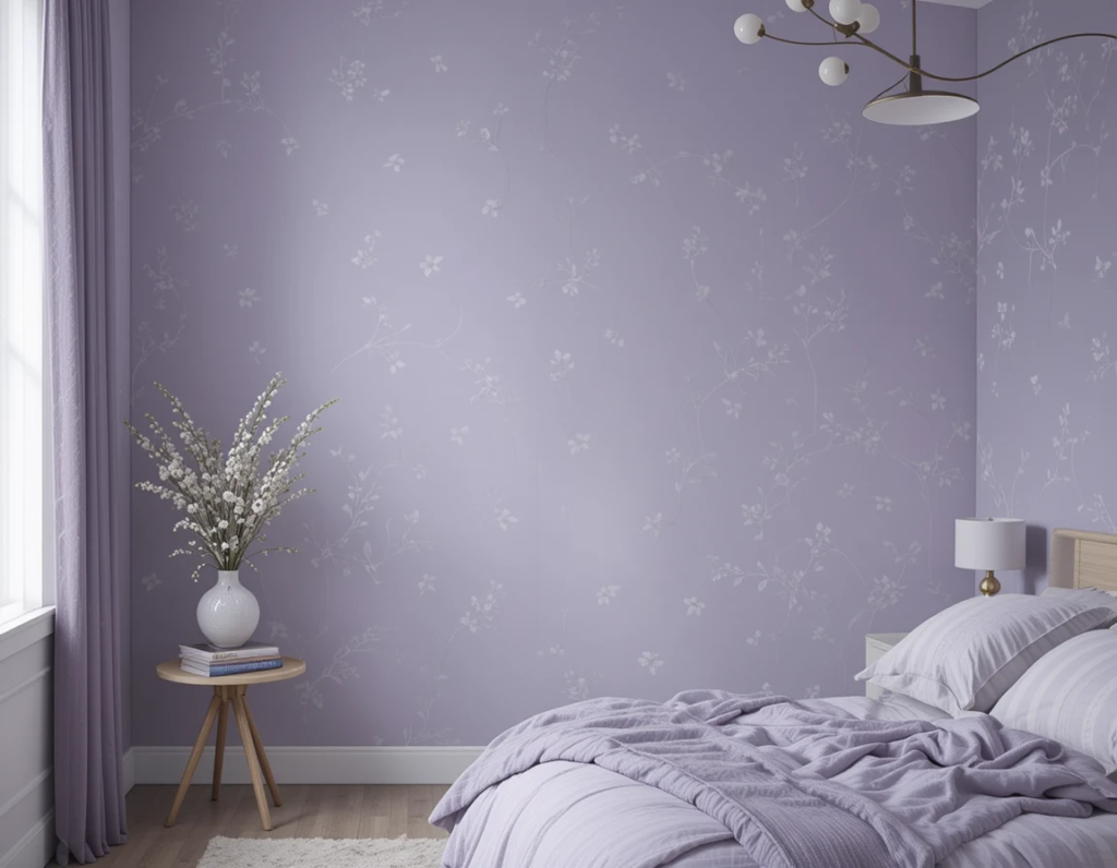light purple wallpaper in bedroom