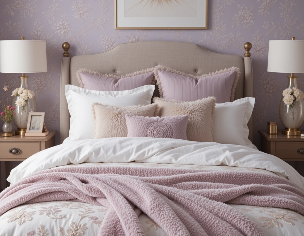 purple wallpaper in bedroom