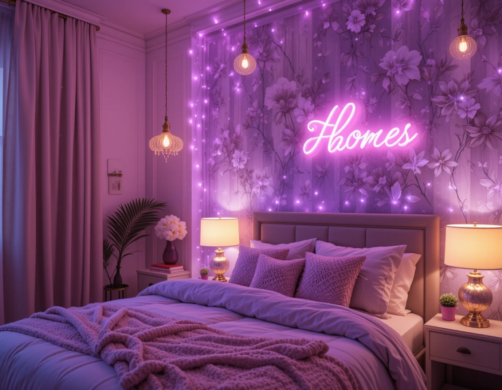 purple wallpaper bedroom